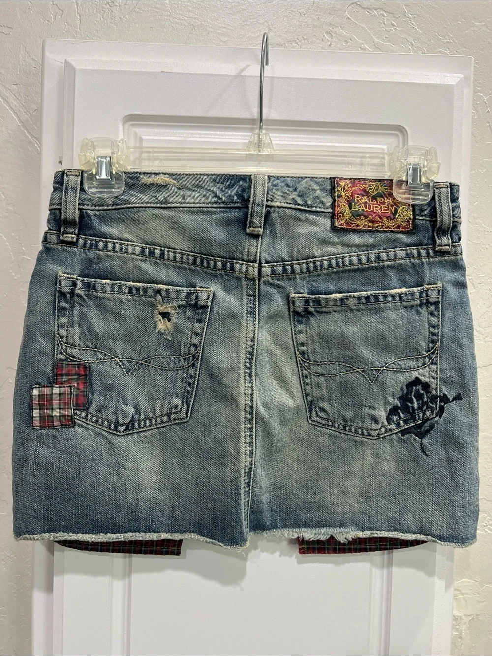 Ralph Lauren Distressed Blue Denim Mini Skirt with Embroidered Detail